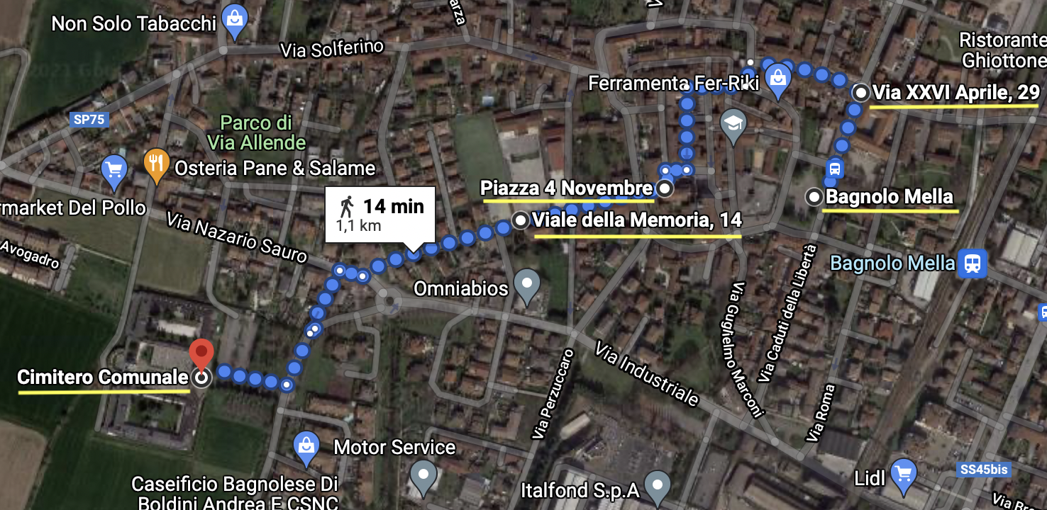 Percorso del corteo di inaugurazione del Viale della Rimembranza a Bagnolo Mella